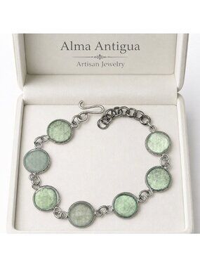 Sea Glass Cabochon Link Bracelet | 7-Link Silver-Plated Frames | Hook Clasp
